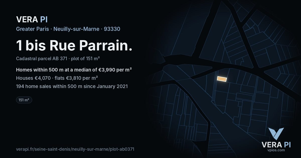 1 bis Rue Parrain, Neuilly-sur-Marne at night – the plot lit, the parcels around coloured by the prices near them