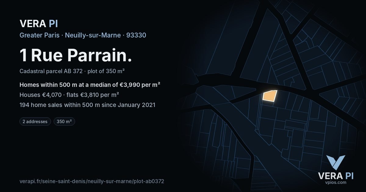1 Rue Parrain, Neuilly-sur-Marne at night – the plot lit, the parcels around coloured by the prices near them