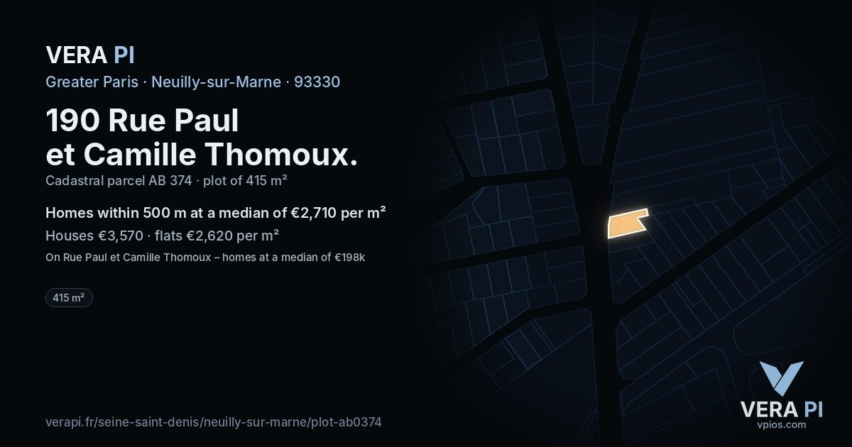 190 Rue Paul et Camille Thomoux, Neuilly-sur-Marne at night – the plot lit, the parcels around coloured by the prices near them