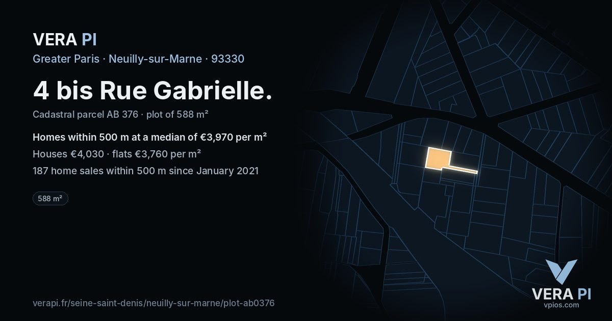 4 bis Rue Gabrielle, Neuilly-sur-Marne at night – the plot lit, the parcels around coloured by the prices near them