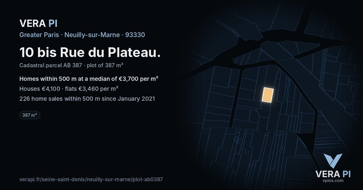 10 bis Rue du Plateau, Neuilly-sur-Marne at night – the plot lit, the parcels around coloured by the prices near them