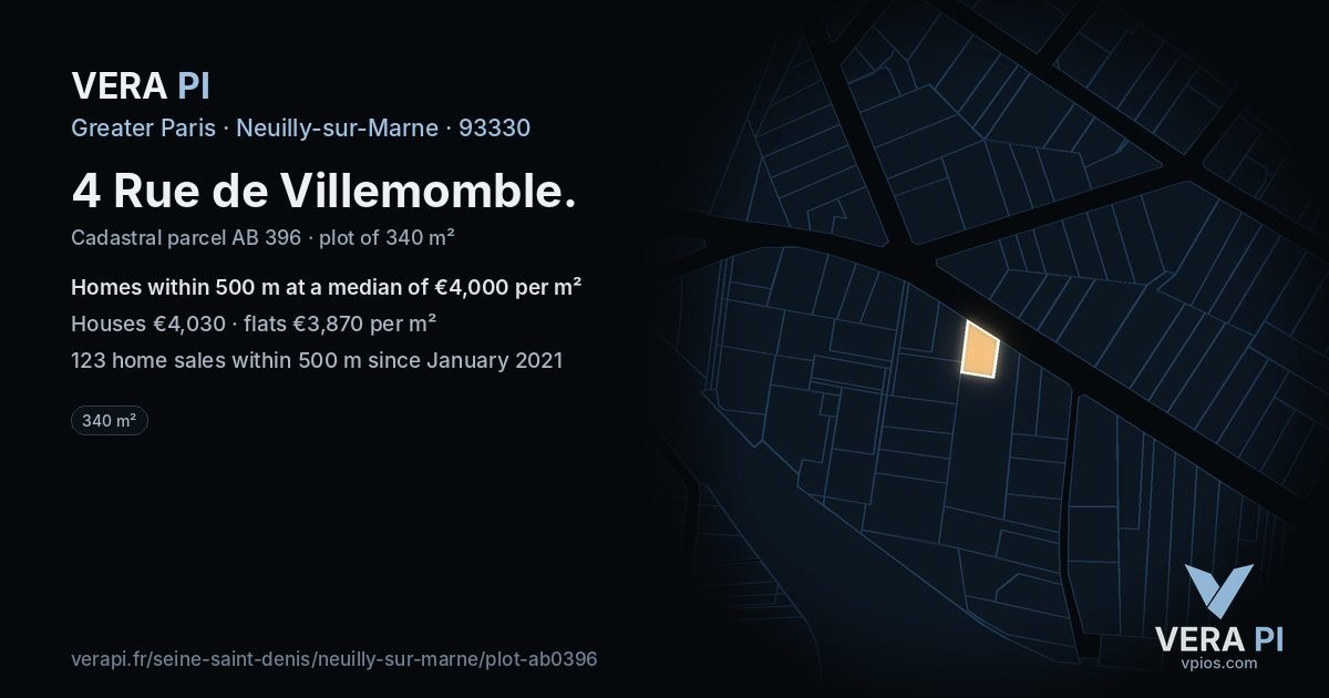 4 Rue de Villemomble, Neuilly-sur-Marne at night – the plot lit, the parcels around coloured by the prices near them