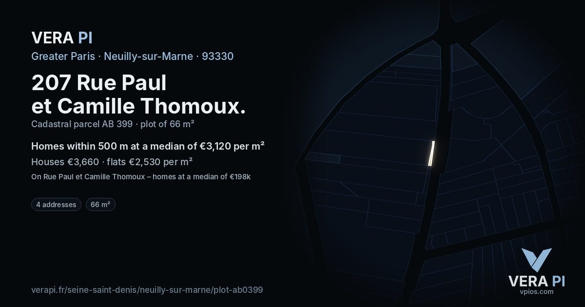 207 Rue Paul et Camille Thomoux, Neuilly-sur-Marne at night – the plot lit, the parcels around coloured by the prices near them