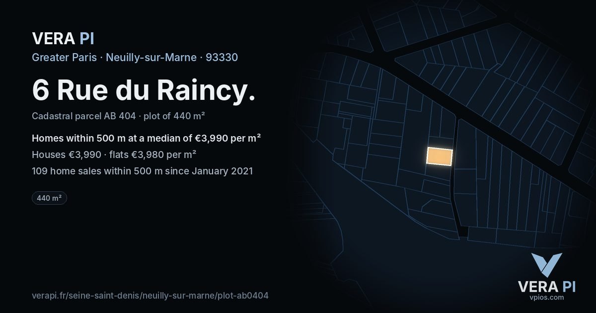 6 Rue du Raincy, Neuilly-sur-Marne at night – the plot lit, the parcels around coloured by the prices near them