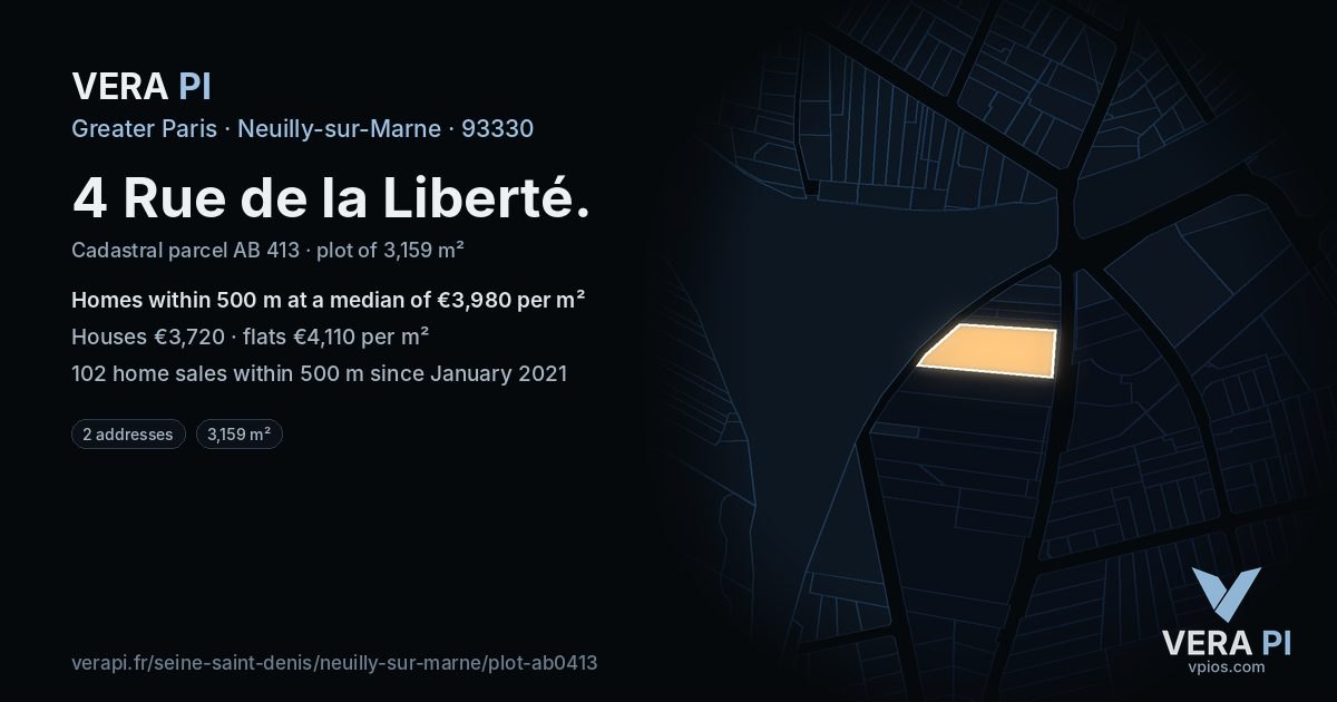 4 Rue de la Liberté, Neuilly-sur-Marne at night – the plot lit, the parcels around coloured by the prices near them