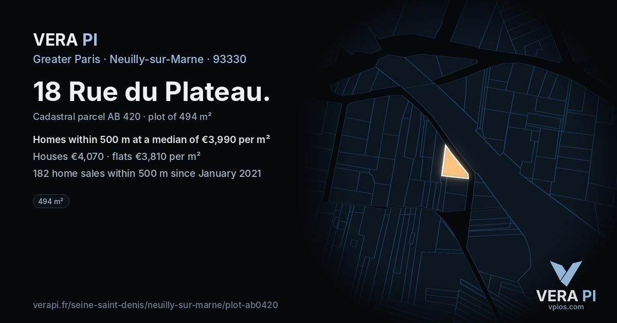 18 Rue du Plateau, Neuilly-sur-Marne at night – the plot lit, the parcels around coloured by the prices near them