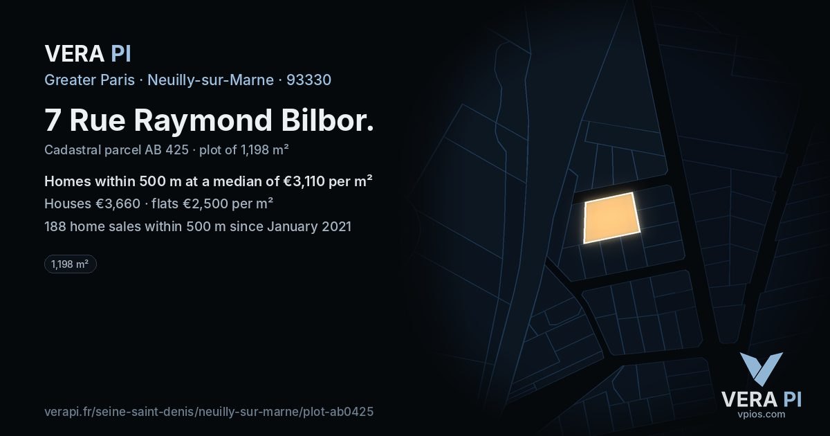 7 Rue Raymond Bilbor, Neuilly-sur-Marne at night – the plot lit, the parcels around coloured by the prices near them