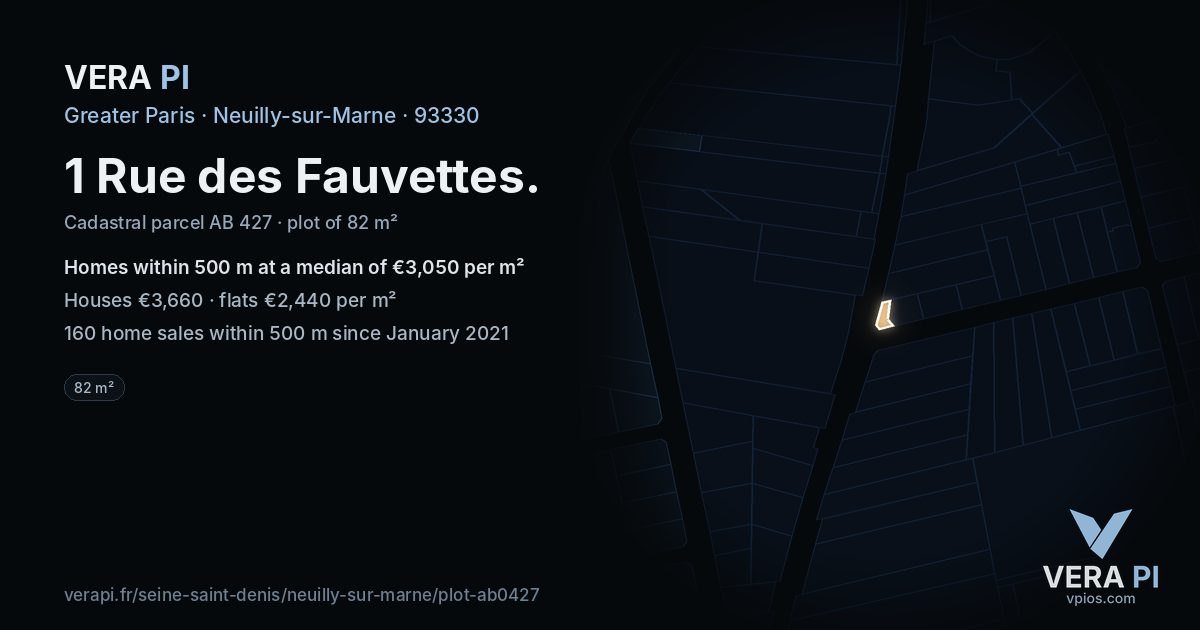 1 Rue des Fauvettes, Neuilly-sur-Marne at night – the plot lit, the parcels around coloured by the prices near them