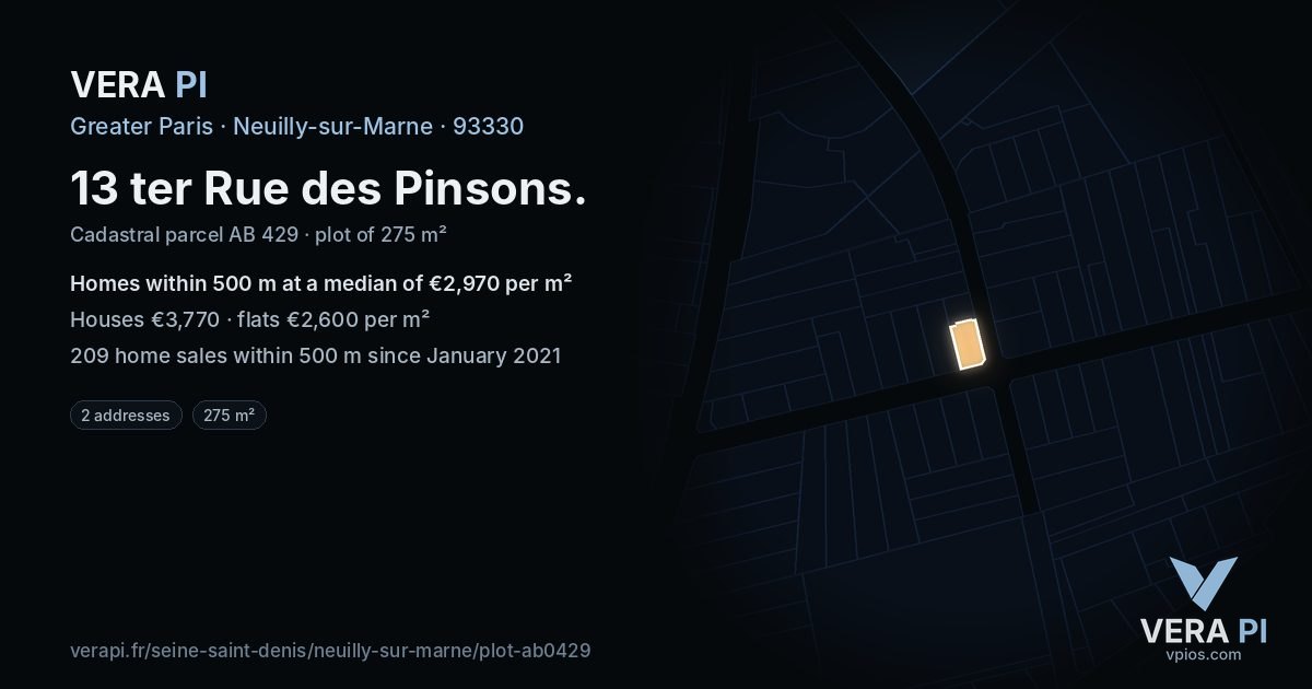 13 ter Rue des Pinsons, Neuilly-sur-Marne at night – the plot lit, the parcels around coloured by the prices near them