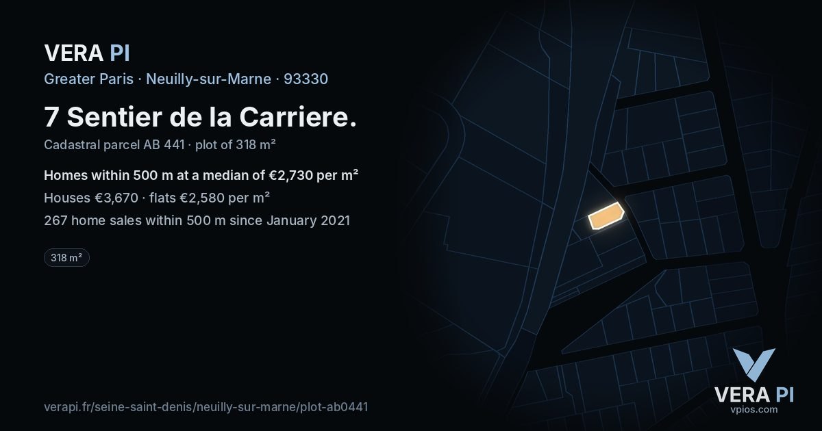 7 Sentier de la Carriere, Neuilly-sur-Marne at night – the plot lit, the parcels around coloured by the prices near them