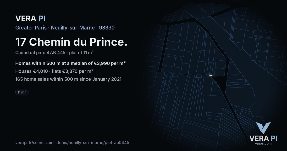 17 Chemin du Prince, Neuilly-sur-Marne at night – the plot lit, the parcels around coloured by the prices near them