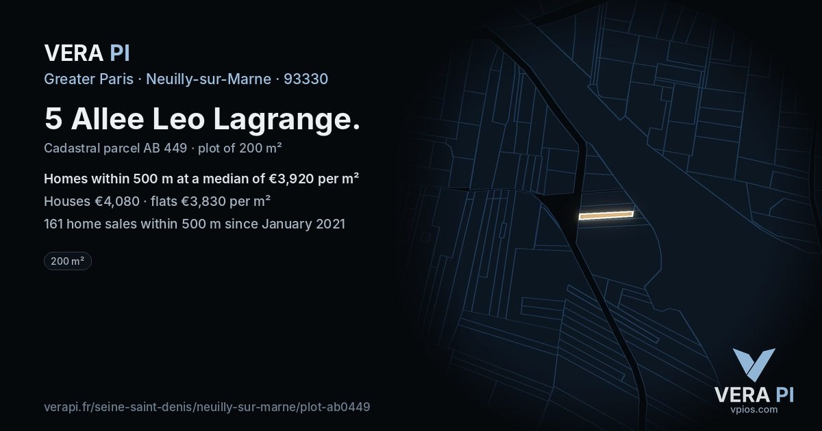 5 Allee Leo Lagrange, Neuilly-sur-Marne at night – the plot lit, the parcels around coloured by the prices near them