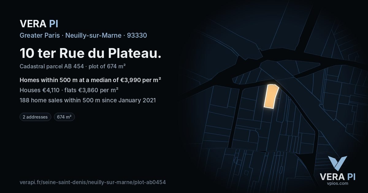 10 ter Rue du Plateau, Neuilly-sur-Marne at night – the plot lit, the parcels around coloured by the prices near them