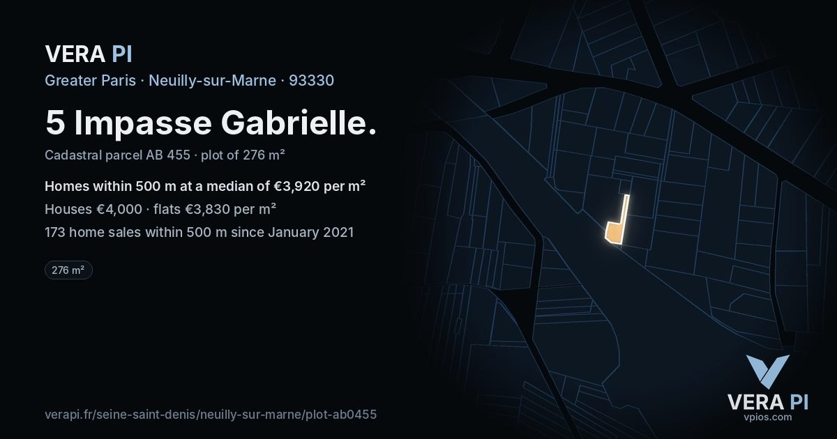 5 Impasse Gabrielle, Neuilly-sur-Marne at night – the plot lit, the parcels around coloured by the prices near them