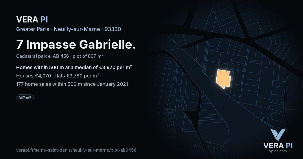 7 Impasse Gabrielle, Neuilly-sur-Marne at night – the plot lit, the parcels around coloured by the prices near them