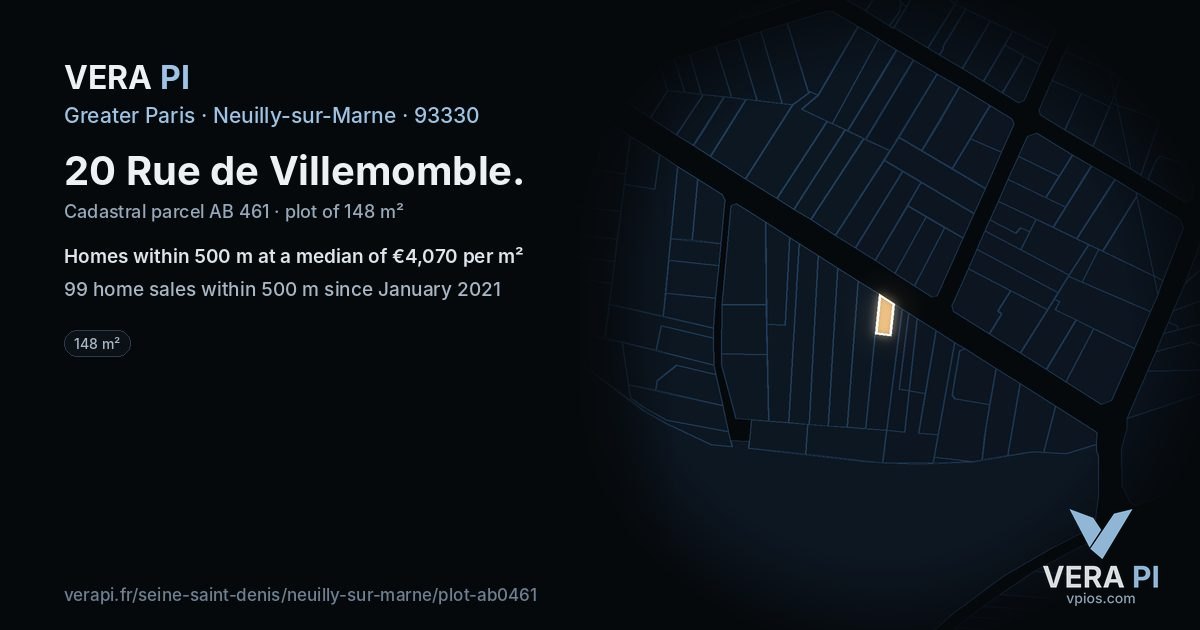 20 Rue de Villemomble, Neuilly-sur-Marne at night – the plot lit, the parcels around coloured by the prices near them