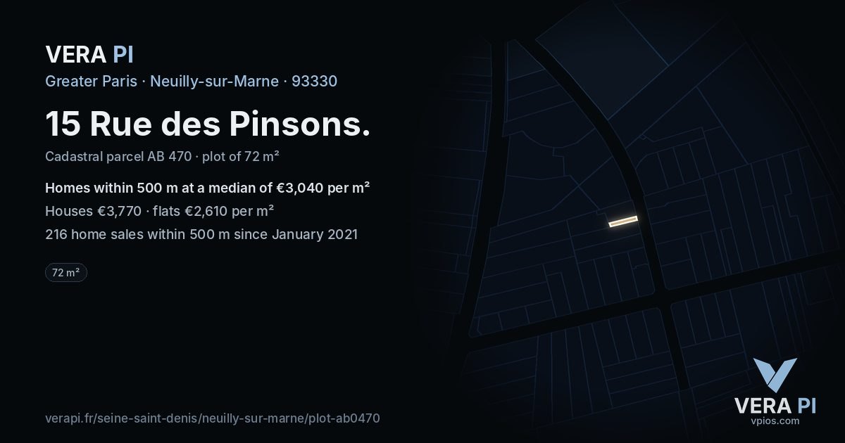 15 Rue des Pinsons, Neuilly-sur-Marne at night – the plot lit, the parcels around coloured by the prices near them