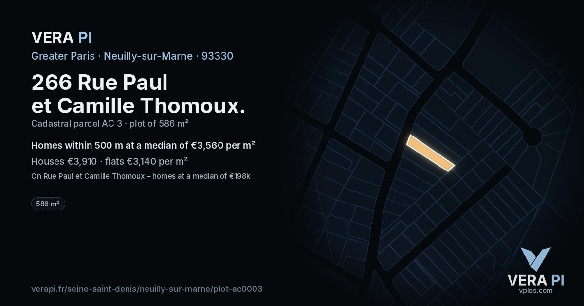 266 Rue Paul et Camille Thomoux, Neuilly-sur-Marne at night – the plot lit, the parcels around coloured by the prices near them