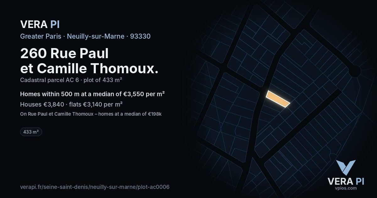 260 Rue Paul et Camille Thomoux, Neuilly-sur-Marne at night – the plot lit, the parcels around coloured by the prices near them