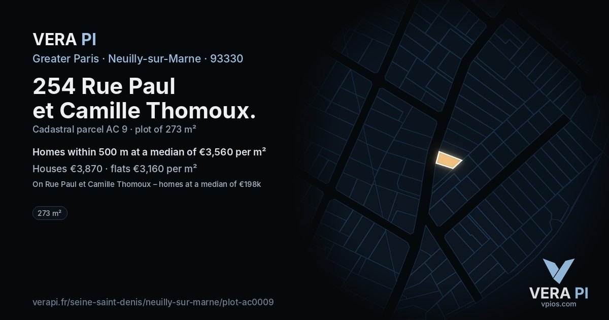 254 Rue Paul et Camille Thomoux, Neuilly-sur-Marne at night – the plot lit, the parcels around coloured by the prices near them