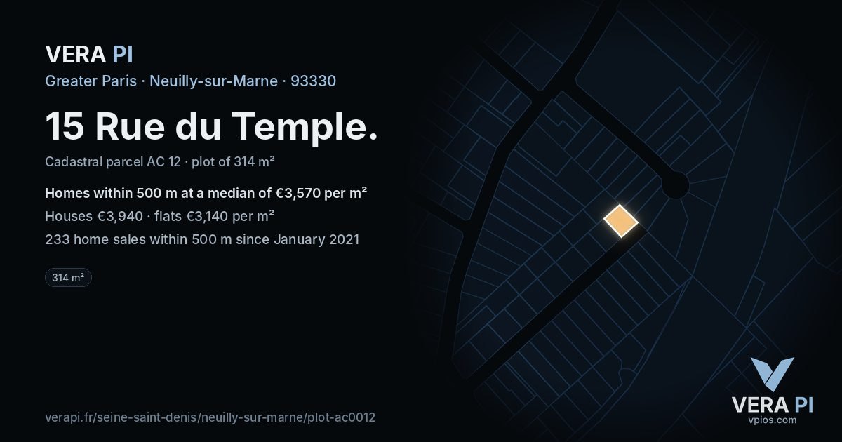 15 Rue du Temple, Neuilly-sur-Marne at night – the plot lit, the parcels around coloured by the prices near them