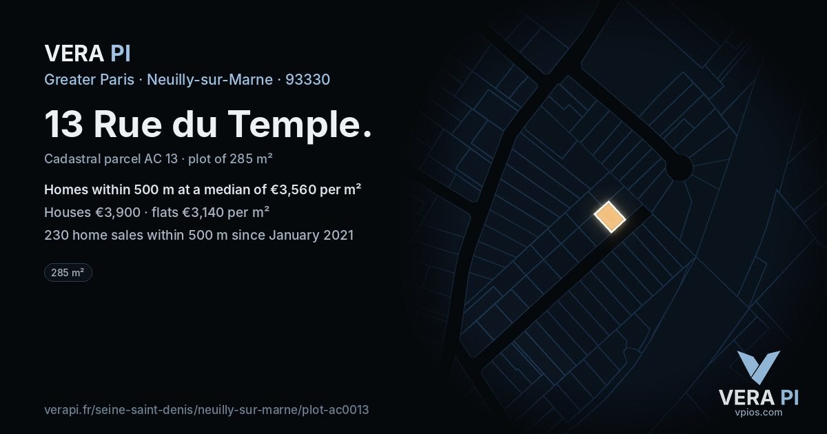 13 Rue du Temple, Neuilly-sur-Marne at night – the plot lit, the parcels around coloured by the prices near them