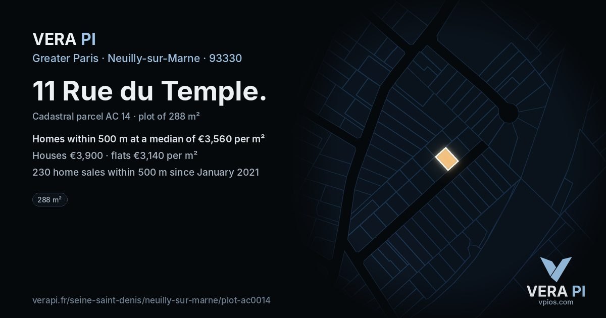 11 Rue du Temple, Neuilly-sur-Marne at night – the plot lit, the parcels around coloured by the prices near them