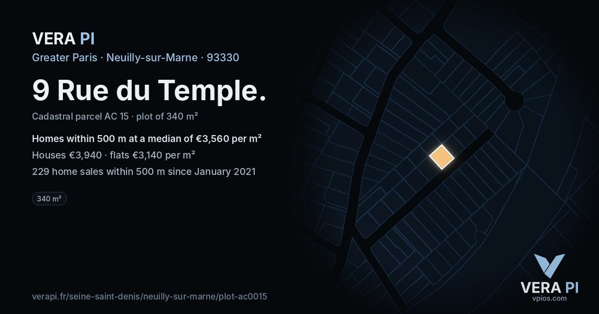 9 Rue du Temple, Neuilly-sur-Marne at night – the plot lit, the parcels around coloured by the prices near them