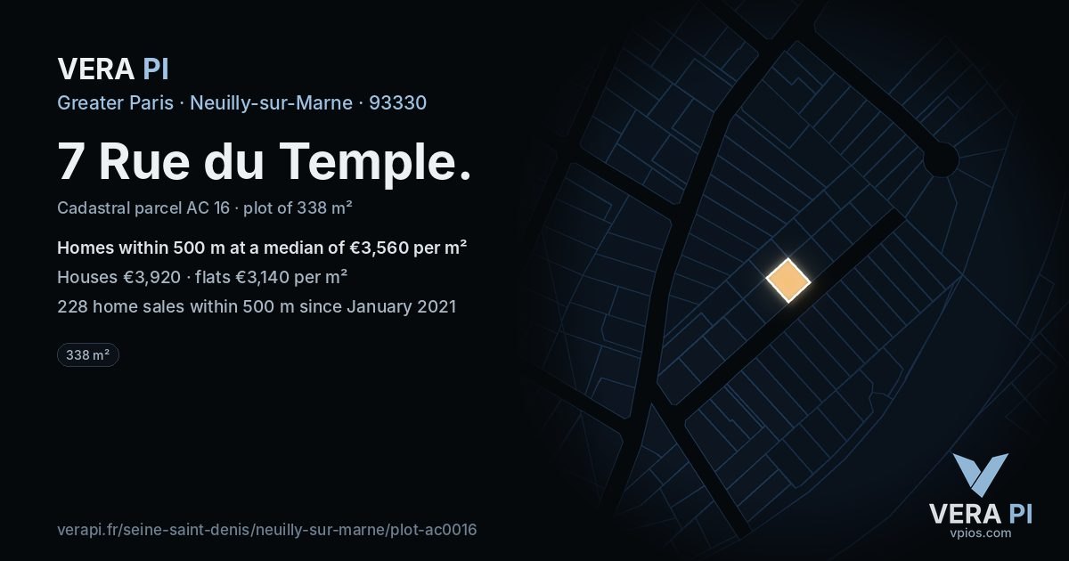 7 Rue du Temple, Neuilly-sur-Marne at night – the plot lit, the parcels around coloured by the prices near them