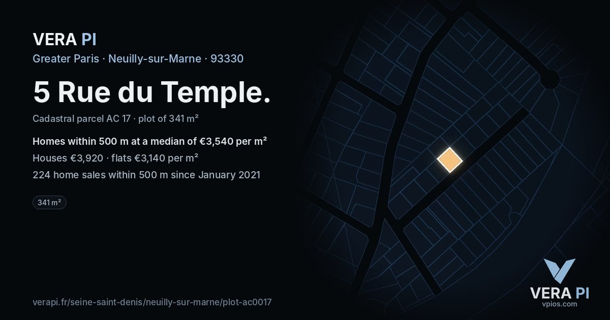 5 Rue du Temple, Neuilly-sur-Marne at night – the plot lit, the parcels around coloured by the prices near them