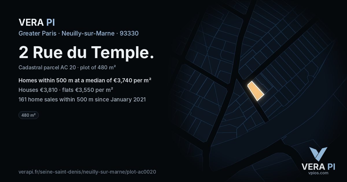 2 Rue du Temple, Neuilly-sur-Marne at night – the plot lit, the parcels around coloured by the prices near them