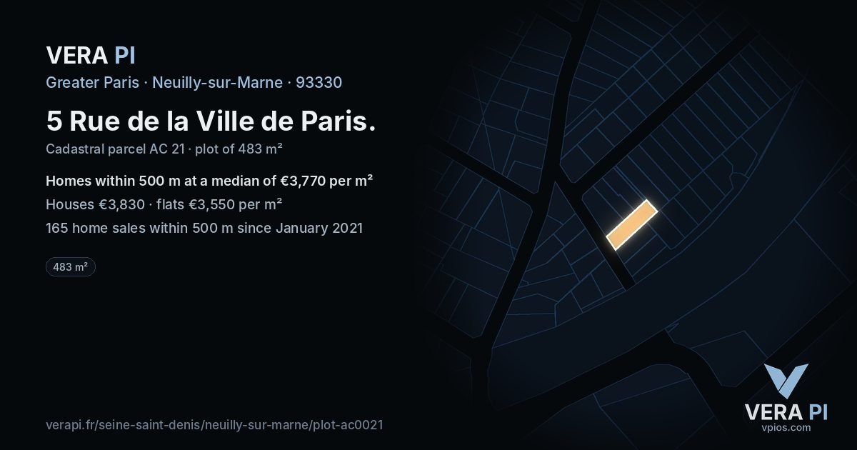 5 Rue de la Ville de Paris, Neuilly-sur-Marne at night – the plot lit, the parcels around coloured by the prices near them
