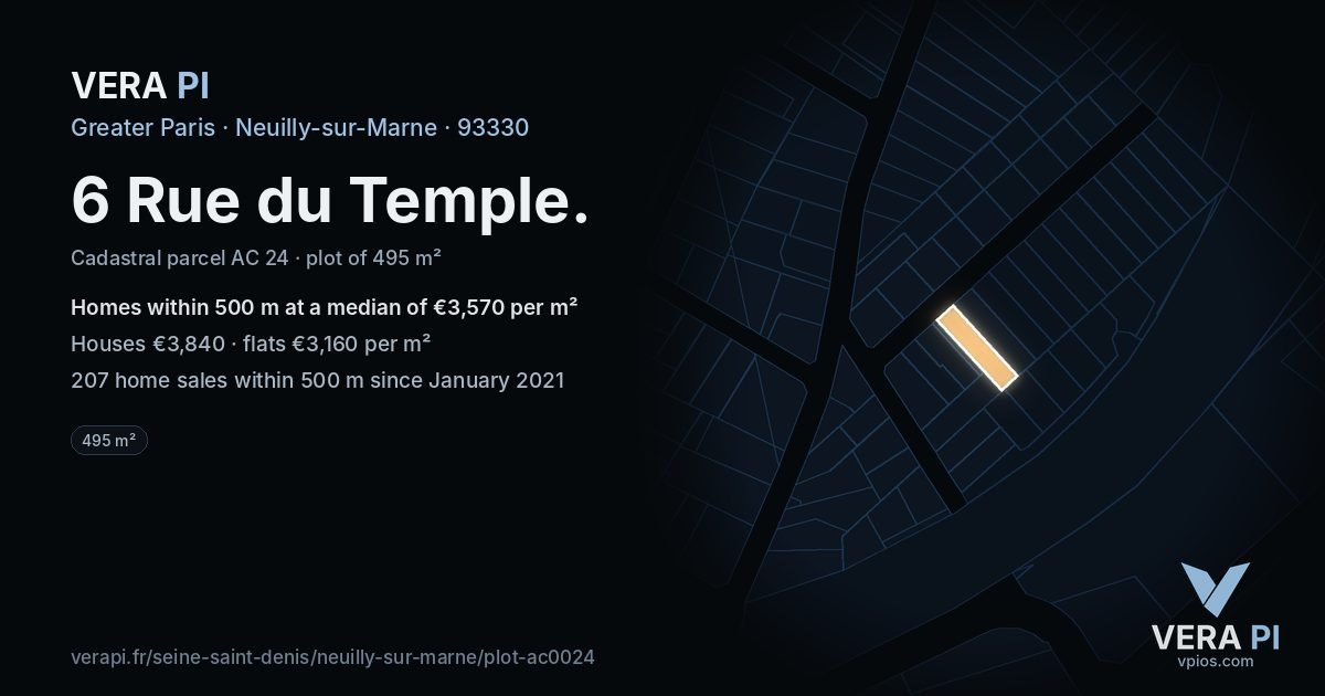 6 Rue du Temple, Neuilly-sur-Marne at night – the plot lit, the parcels around coloured by the prices near them