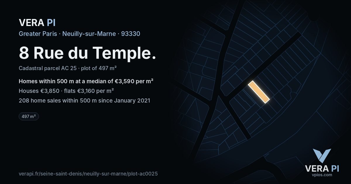 8 Rue du Temple, Neuilly-sur-Marne at night – the plot lit, the parcels around coloured by the prices near them