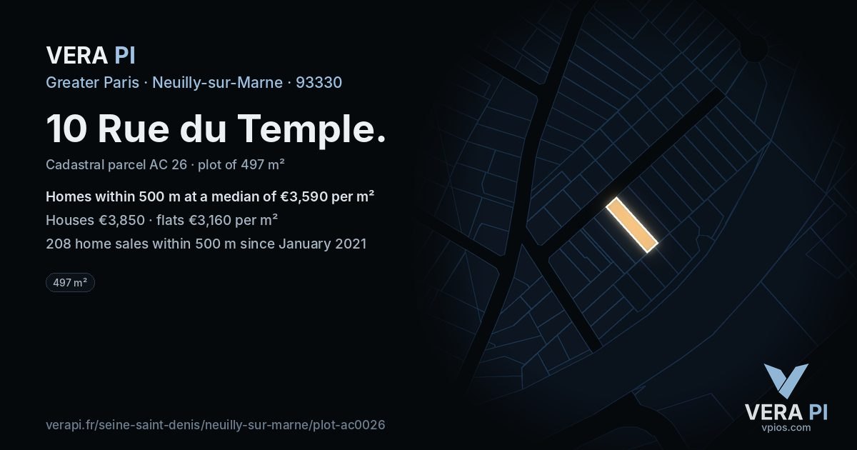 10 Rue du Temple, Neuilly-sur-Marne at night – the plot lit, the parcels around coloured by the prices near them