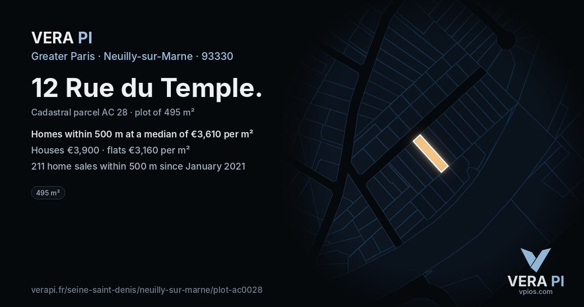 12 Rue du Temple, Neuilly-sur-Marne at night – the plot lit, the parcels around coloured by the prices near them