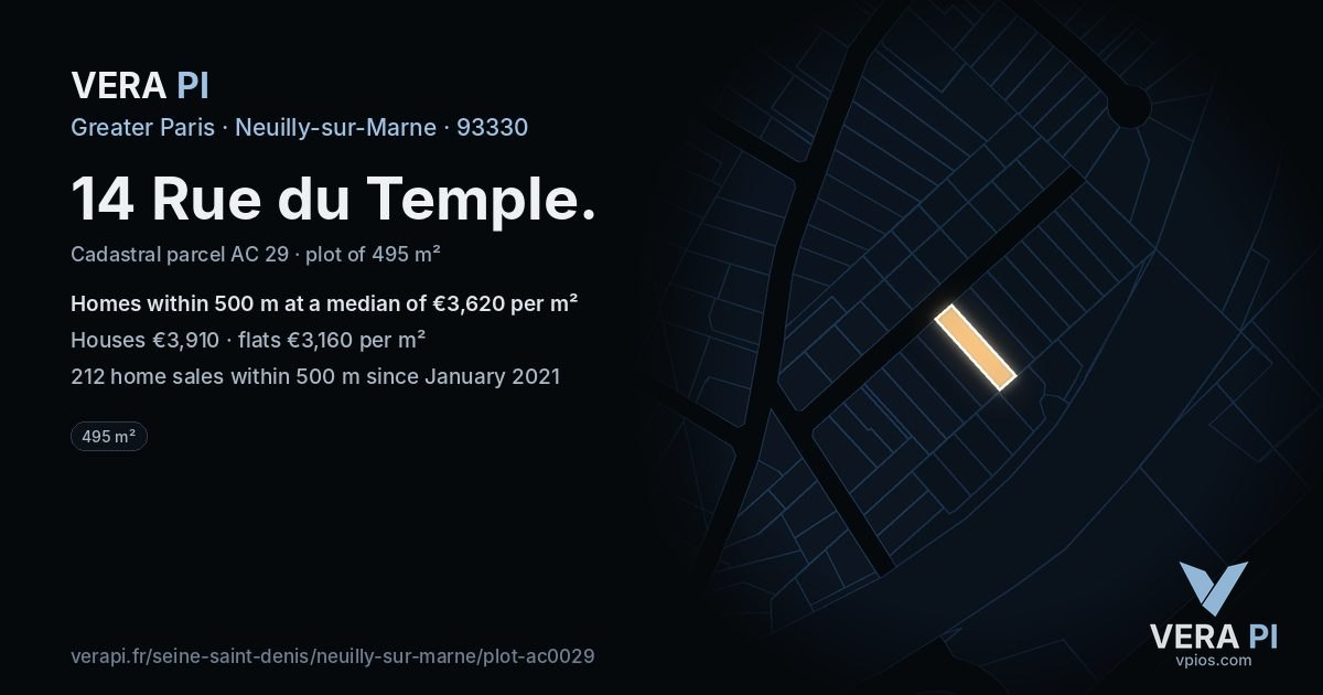 14 Rue du Temple, Neuilly-sur-Marne at night – the plot lit, the parcels around coloured by the prices near them