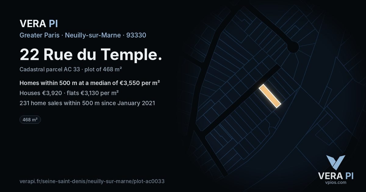 22 Rue du Temple, Neuilly-sur-Marne at night – the plot lit, the parcels around coloured by the prices near them