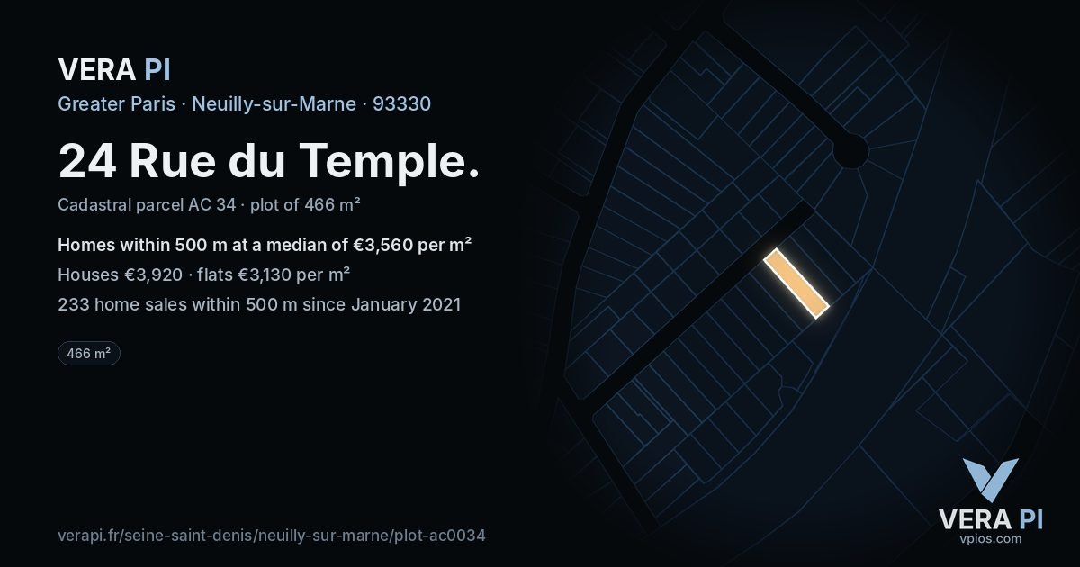 24 Rue du Temple, Neuilly-sur-Marne at night – the plot lit, the parcels around coloured by the prices near them