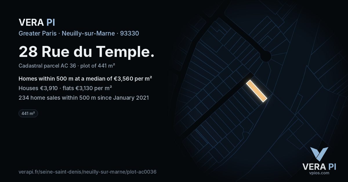 28 Rue du Temple, Neuilly-sur-Marne at night – the plot lit, the parcels around coloured by the prices near them