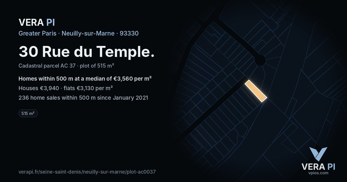 30 Rue du Temple, Neuilly-sur-Marne at night – the plot lit, the parcels around coloured by the prices near them
