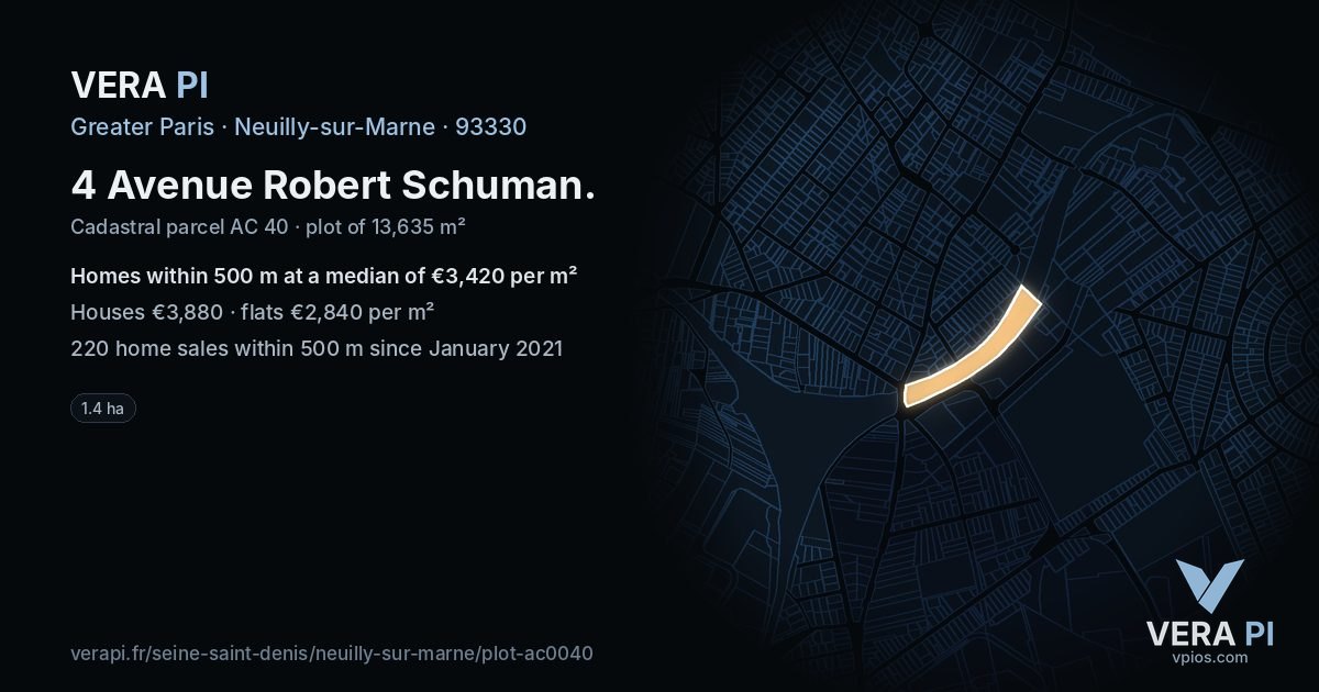 4 Avenue Robert Schuman, Neuilly-sur-Marne at night – the plot lit, the parcels around coloured by the prices near them