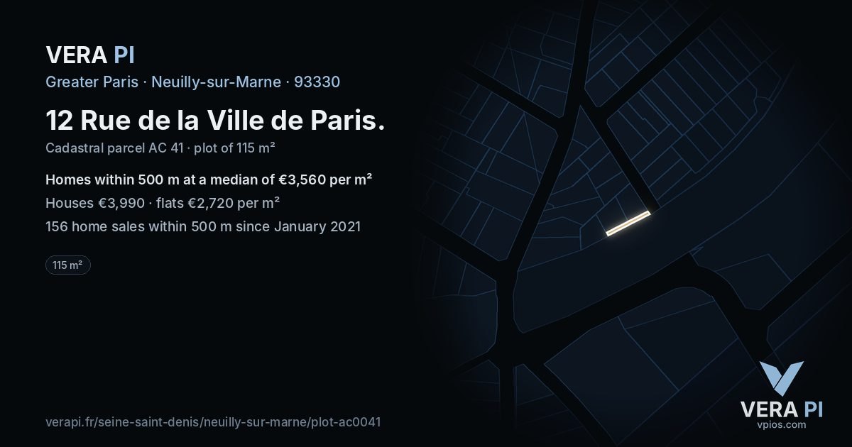 12 Rue de la Ville de Paris, Neuilly-sur-Marne at night – the plot lit, the parcels around coloured by the prices near them