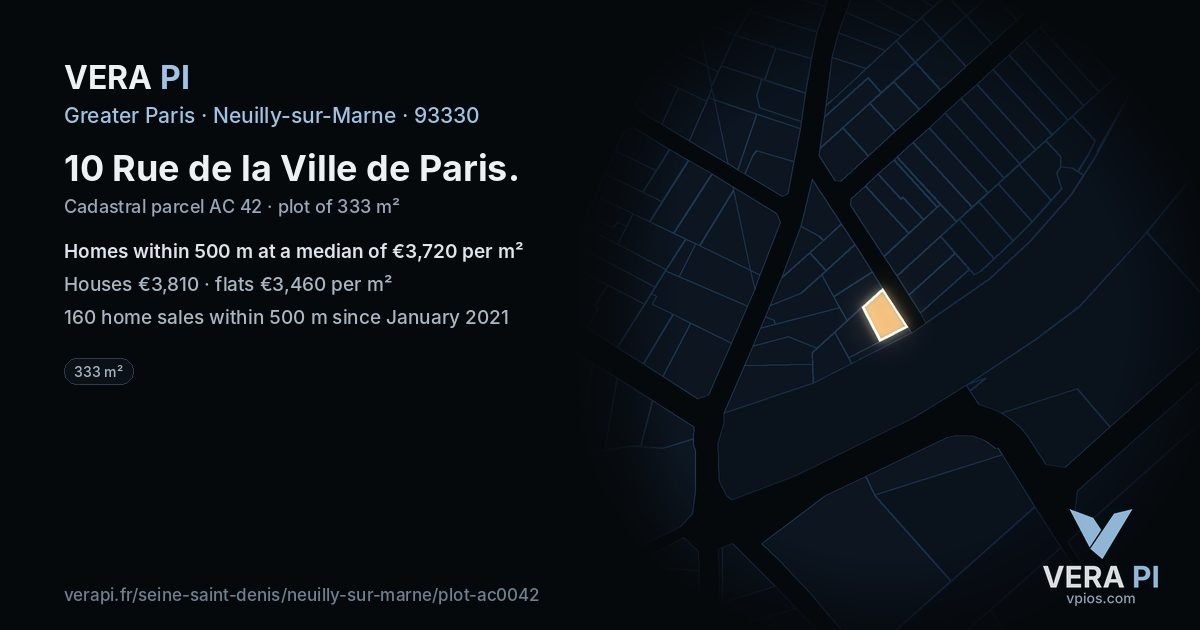 10 Rue de la Ville de Paris, Neuilly-sur-Marne at night – the plot lit, the parcels around coloured by the prices near them