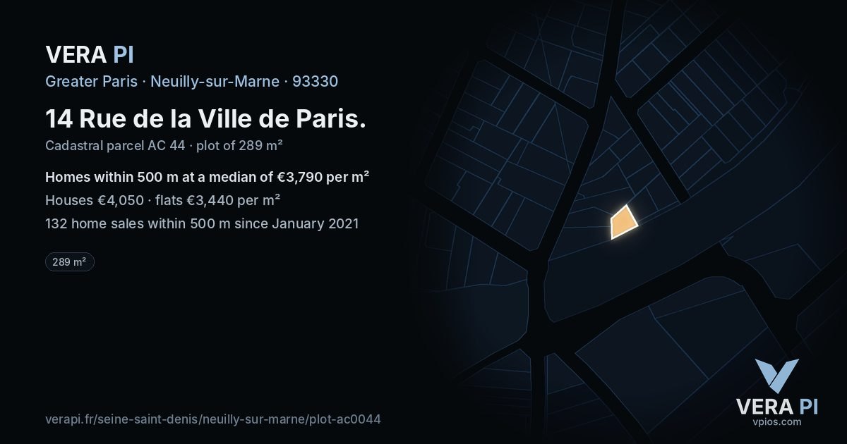 14 Rue de la Ville de Paris, Neuilly-sur-Marne at night – the plot lit, the parcels around coloured by the prices near them