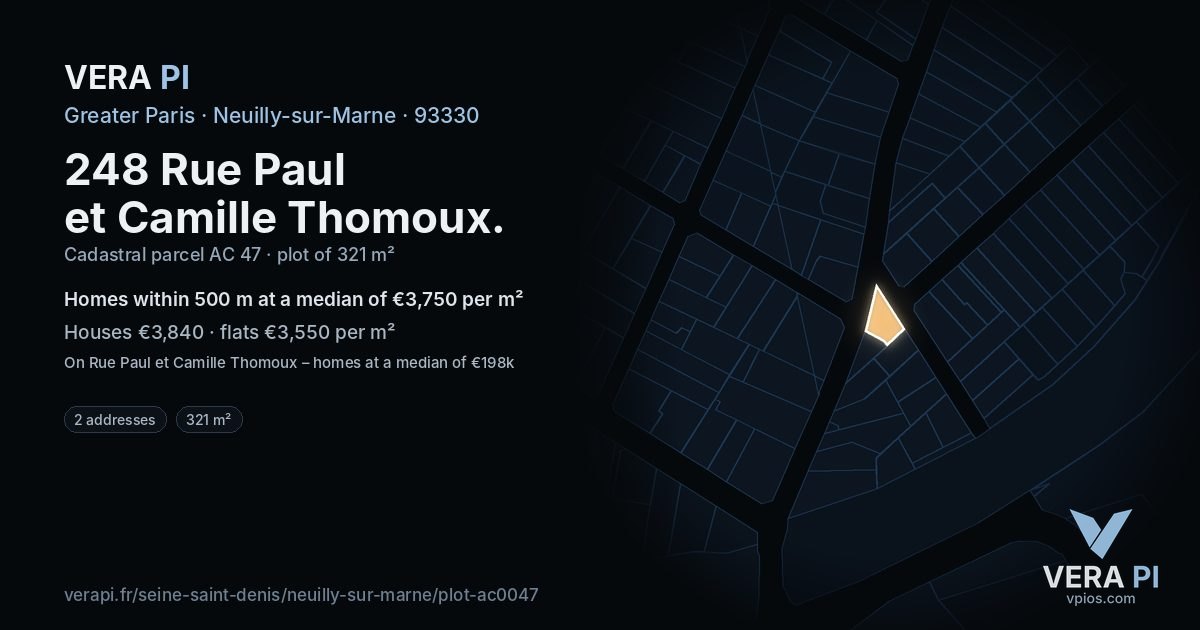 248 Rue Paul et Camille Thomoux, Neuilly-sur-Marne at night – the plot lit, the parcels around coloured by the prices near them