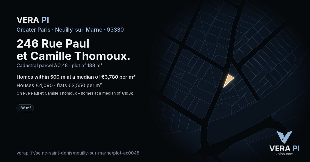 246 Rue Paul et Camille Thomoux, Neuilly-sur-Marne at night – the plot lit, the parcels around coloured by the prices near them