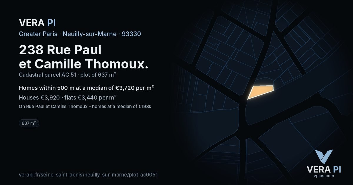 238 Rue Paul et Camille Thomoux, Neuilly-sur-Marne at night – the plot lit, the parcels around coloured by the prices near them