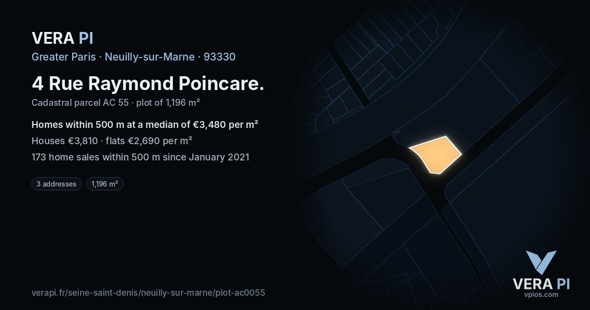 4 Rue Raymond Poincare, Neuilly-sur-Marne at night – the plot lit, the parcels around coloured by the prices near them