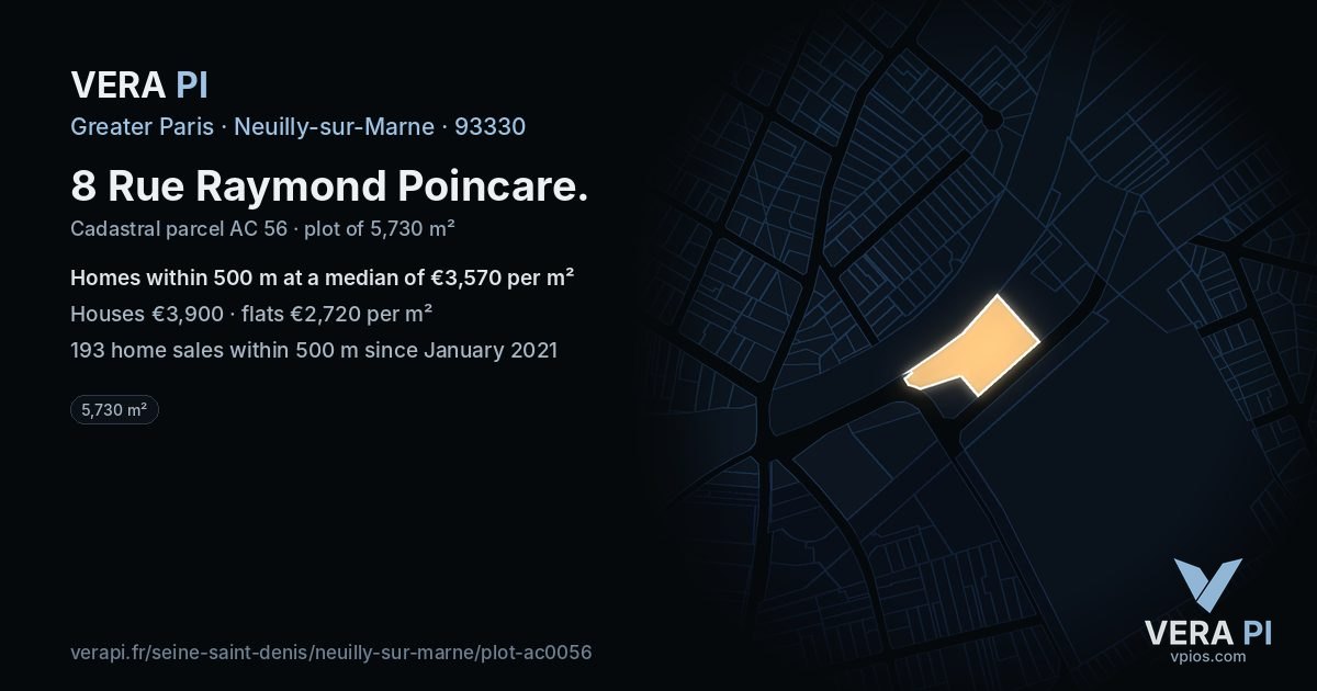 8 Rue Raymond Poincare, Neuilly-sur-Marne at night – the plot lit, the parcels around coloured by the prices near them